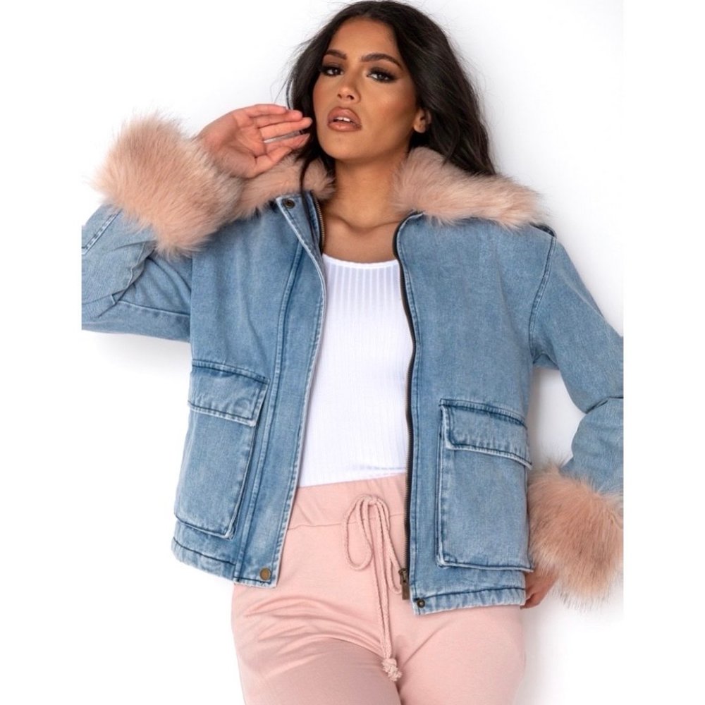 Long Sleeve Shearling Lined Faux Fur Collar and Cuff Denim Jeans Jacket - Picture 11 of 13
